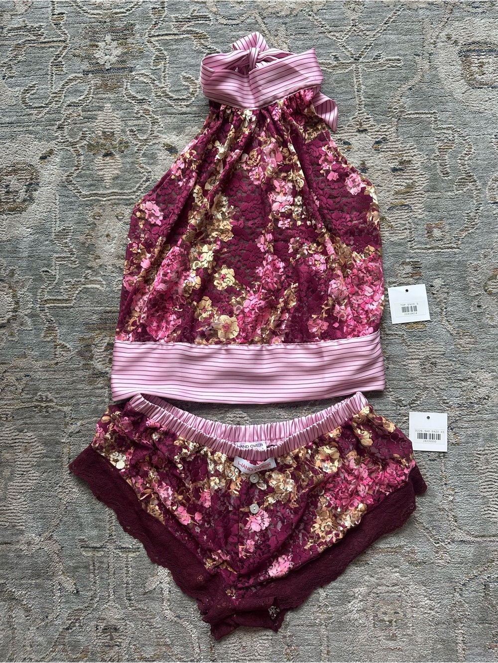 Hand Over Floral Burgundy and Pink Halter Top with Matching Shorts